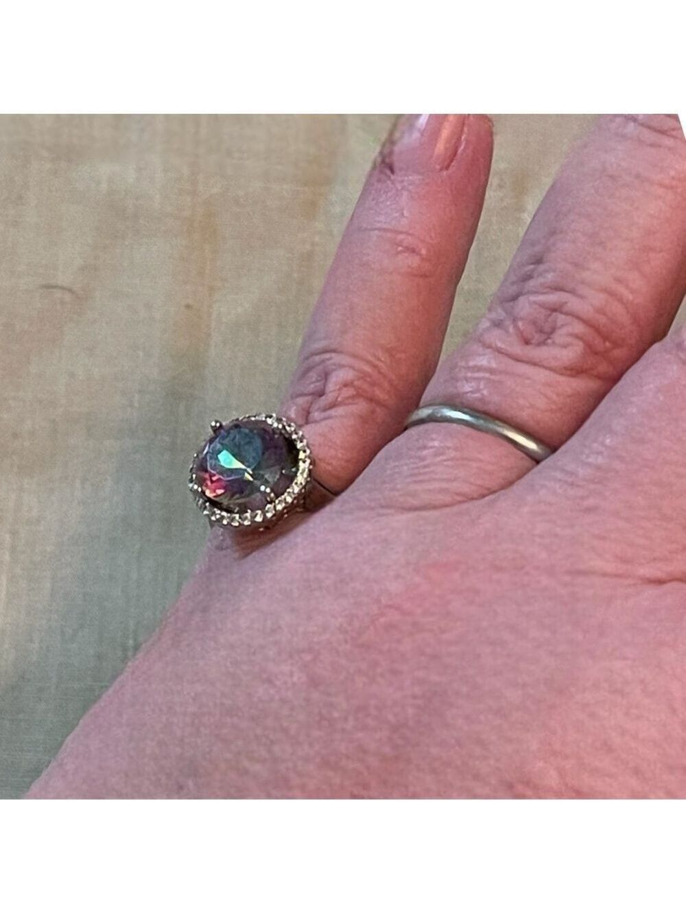 Mystic Topaz Ctr, White Sapphires & Diamond White Gold over Sterling Silver NIB - Picture 9 of 17